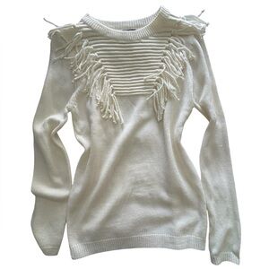 Cream‎ Fringe Knit Sweater Women's Large Boho Western Pullover Top Long Layering